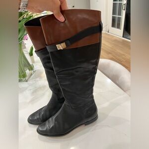 Cole Haan Riding Boots Tall Leather 2 Tone Black Brown Belted Zip Women Size 10B